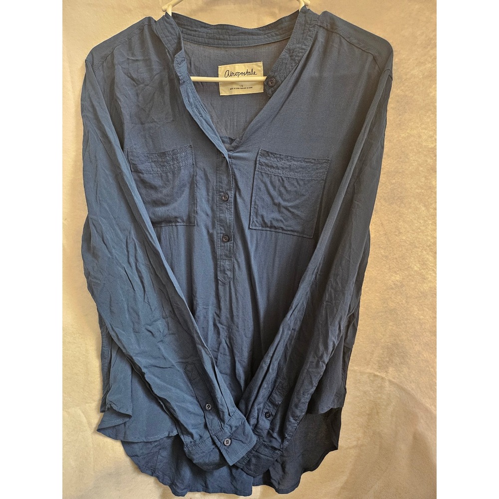 Aeropostale Womens Blue Rayon Henley Long Sleeve Blouse Top Large 2046